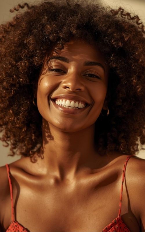 femme m&eacute;tisse ou afro-europ&eacute;enne  25-35 ans, beaux cheveux naturels boucl&eacute;s et bien d&eacute;finis,  grand sourire naturel, lumi&egrave;re dor&eacute;e chaleureuse, fond clair